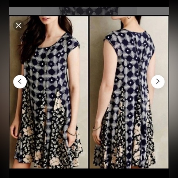 Anthro Maeve Navy Blue Ikat & Floral Swing Dress Size Small - Picture 1 of 9